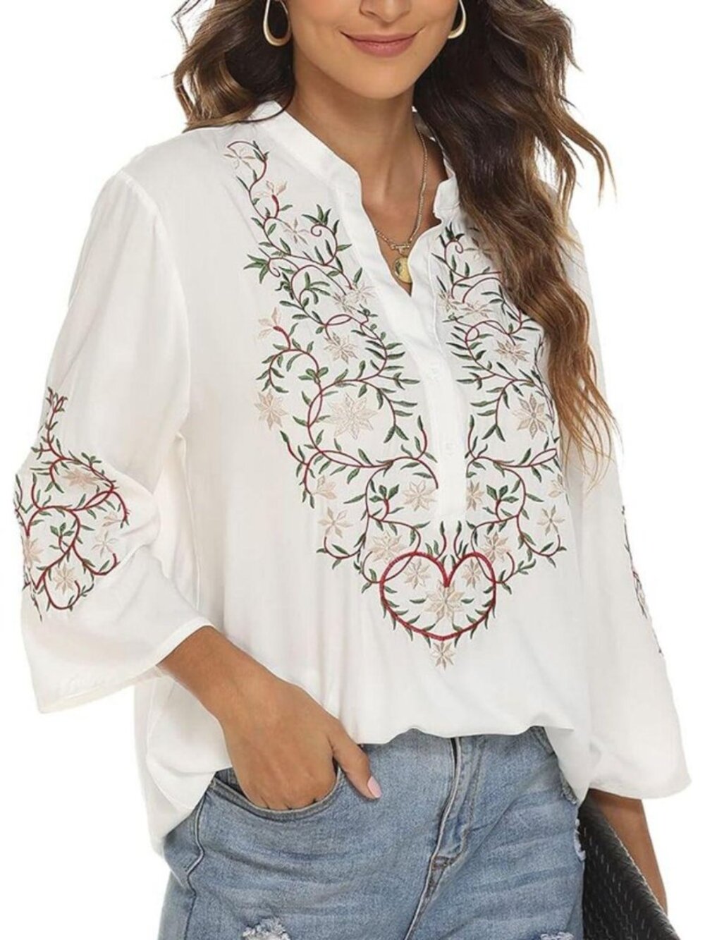 White Embroidered Floral Peasant Tunic Blouse Small New